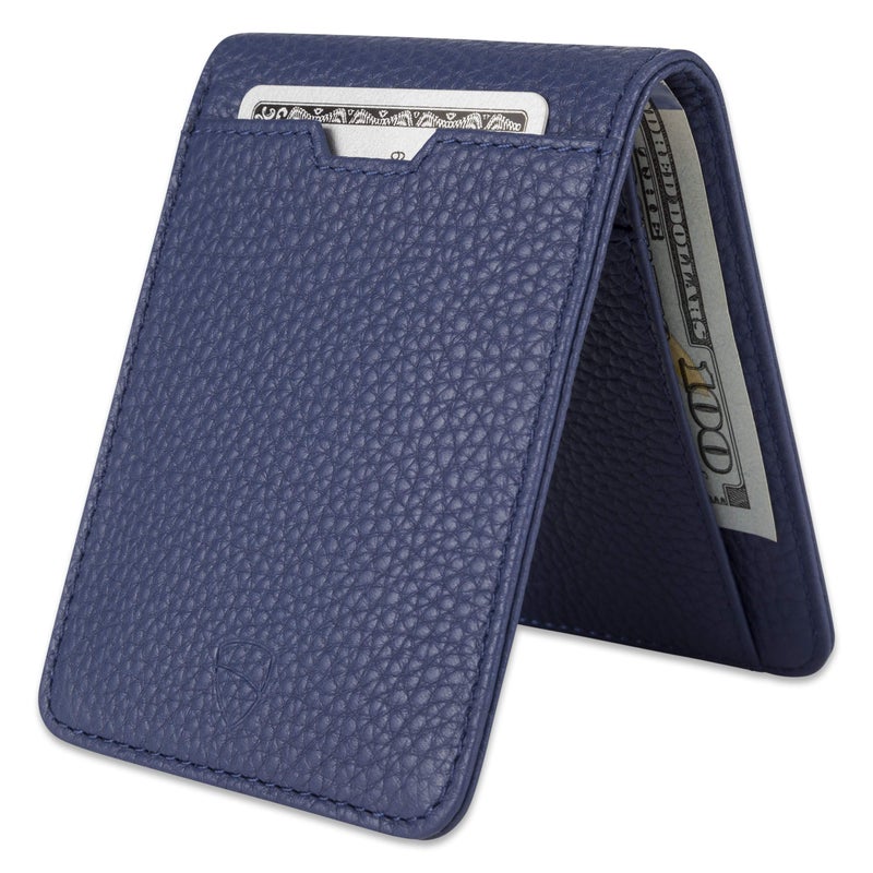 Vaultskin MANHATTAN Slim RFID Blocking Bifold Leather Wallet for Men - Minimalist Front Pocket Card Holder, Holds 9 Cards & Cash, Premium Italian Leather (Matt Blue) - Image 1